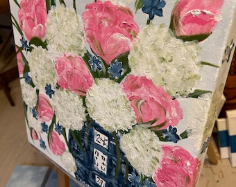 Acrylic Floral Painting on Canvas – Pink Peonies & White Hydrangeas in Blue Vase – Original Hand-Painted Wall Art