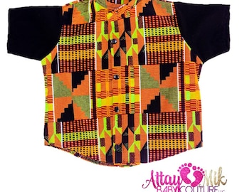 Camisa Kente para niños. Camisa con botones kente para bebé. Top kente para bebé. Abrigo de bebé. Camisa Kente. Estampado de tela Kente bebé