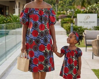 Afrikanische Kleidung. Afrikanisches Partnerkleid mit schulterfreiem Ausschnitt für Mutter und Kind. Dashiki für Mutter und Kind. Afrikanische Kleider für Mutter und Baby. Partnerlook für Mutter und Kind.