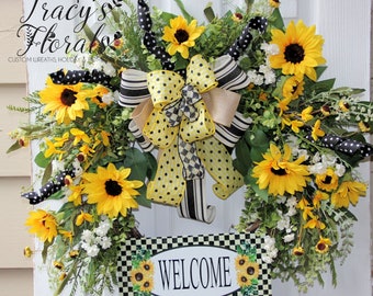 Everyday wreath, sunflower wreath, welcome wreath, summer door wreath, sunflower door wreath, sunflower decor, summer decor, door hanger,