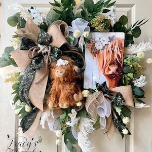 Highland cow wreath, cow wreath, country wreath, farmhouse wreath, wreath, door wreath, western wreath, farmhouse decor, highland cow decor