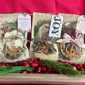May include: Three clear bags filled with potpourri, each adorned with a decorative tag. The bags are tied with twine and snowflake ornaments. The tags read "Christmas" and "Joy". The bags sit on a wooden tray with cranberries and greenery.