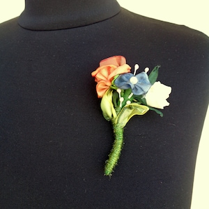 Ribbon Flower Boutonniere: Orange, Ivory, and Blue Wedding Brooch