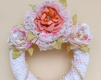 Handmade fabric and lace floral wreath, ornament shabby chic style, textile flowers, boho style home embellishments, wedding decor