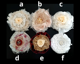 Handmade fabric and lace flowers, ornament shabby chic style, textile flowers, appliques embellishments, wedding decor, accessories favors