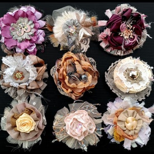 Handmade fabric and lace flowers, ornament shabby chic style, textile flowers, appliques embellishments, wedding decor, accessories favors