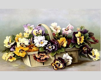 Pansies in a basket printed on gabardine for crafting, background for ribbon embroidery high quality printed, washable stamps