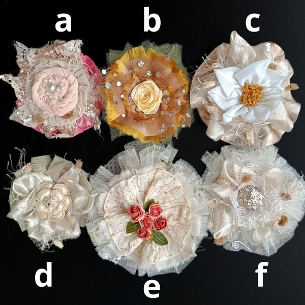 Handmade fabric and lace flowers, ornament shabby chic style, textile flowers, appliques embellishments, wedding decor, accessories favors