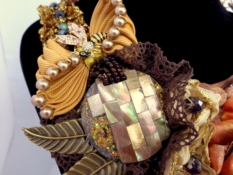 fabric flowers flowers ribbon work ribbon flowers Fabric jewelry antic golden colors necklace Boho style
