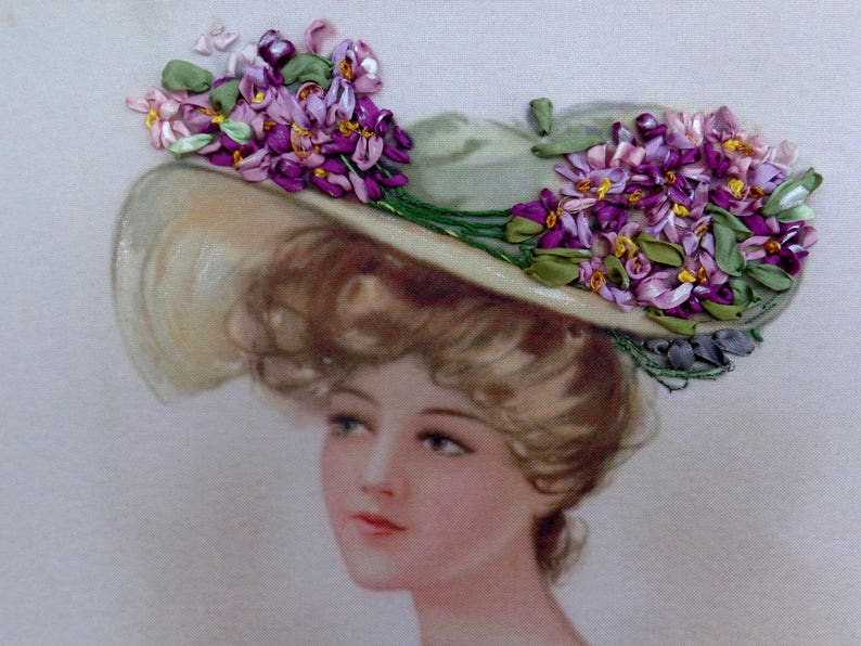 Ribbon Embroidery Picture Victorian Lady Vintage With Violetes