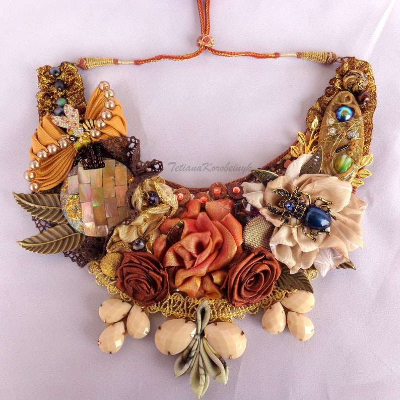 fabric flowers flowers ribbon work ribbon flowers Fabric jewelry antic golden colors necklace Boho style