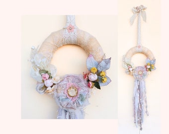 Handmade fabric and lace floral wreath, ornament shabby chic style, textile flowers, boho style home embellishments, wedding decor