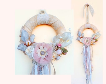 Handmade fabric and lace floral wreath, ornament shabby chic style, textile flowers, boho style home embellishments, wedding decor