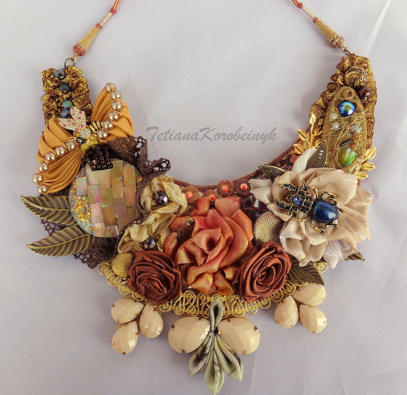 fabric flowers flowers ribbon work ribbon flowers Fabric jewelry antic golden colors necklace Boho style
