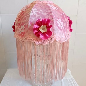 Lampshade shabby chic style decoration with flowers pattern, unique decore hand decorated fringed lampshade.
