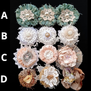 Handmade fabric and lace flowers, ornament shabby chic style, textile flowers, appliques embellishments, wedding decor, accessories favors