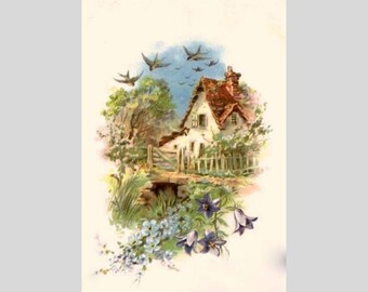 Landscape old house printed on gabardine for crafting, background for ribbon embroidery high quality printed, washable stamps