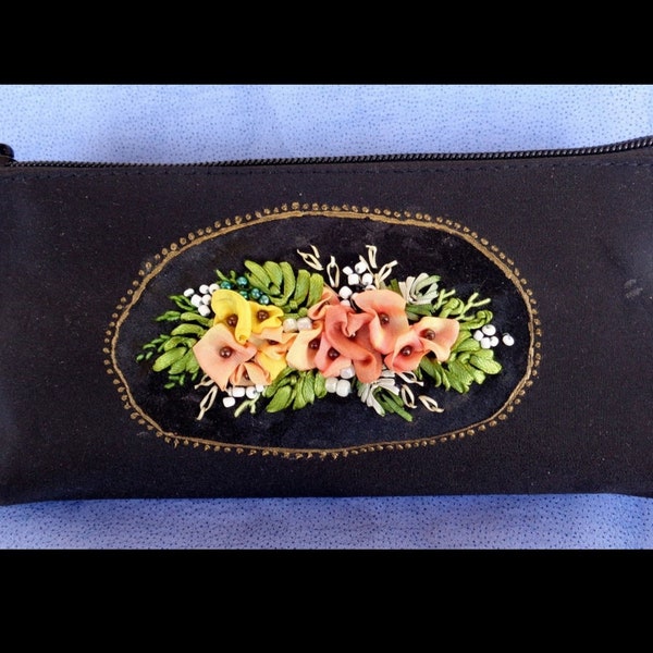 Ribbon embroidery black pochette, brings everything in to fantasy flowers ,  ribbon work