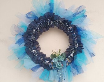 Handmade fabric and lace floral wreath, blue colors wreath, textile flowers, boho style home embellishments, wedding decor, party decor