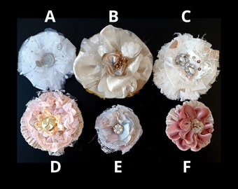 Handmade fabric and lace flowers, ornament shabby chic style, textile flowers, appliques embellishments, wedding decor, accessories favors