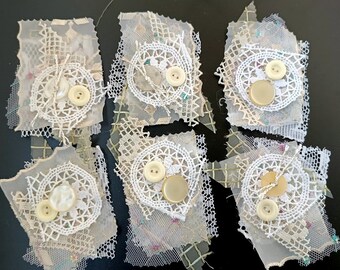 Set 4 vintage fabric lace no glue clusters embellishments, creative textilart, textile snippet clusters, junk journals, jewelry DIY snippets