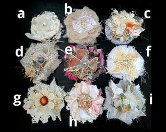 Handmade fabric and lace flowers, ornament shabby chic style, textile flowers, appliques embellishments, wedding decor, accessories favors