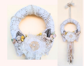 Handmade fabric and lace floral wreath, ornament shabby chic style, textile flowers, boho style home embellishments, wedding decor