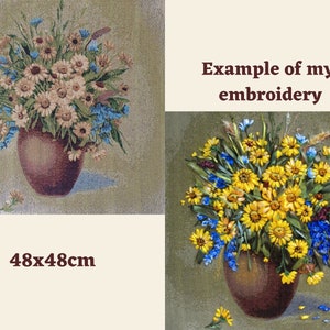 Bloemen in een vaas op wandtapijt om te knutselen, achtergrond voor lintborduurwerk, idee-quiltstof, naaien van kussensloop, bloemenquilten