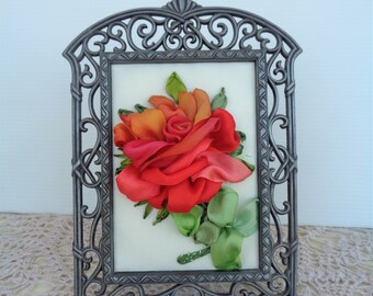 Silk Ribbon Embroidery Rose in Vintage Frame: Floral Picture