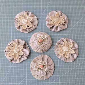 Set of 6 Fabric Yo‑Yo Flowers with Lace and Beads • 8 cm Handmade Floral Embellishments