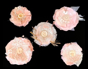 5 Handmade fabric and lace flowers, ornament shabby chic style, textile flowers, appliques embellishments, wedding decor, accessories favors