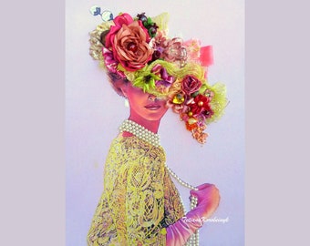 Silk ribbon embroidery picture "Victorian lady", ribbon flowers, embroidery image for framing, wall hanging art, floral hat