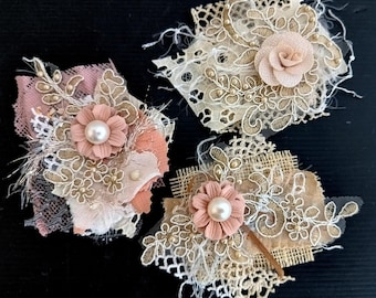 Flores de tela y encaje hechas a mano: apliques textiles coloridos, adornos DIY
