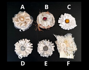 Handmade fabric and lace flowers, ornament shabby chic style, textile flowers, appliques embellishments, wedding decor, accessories favors