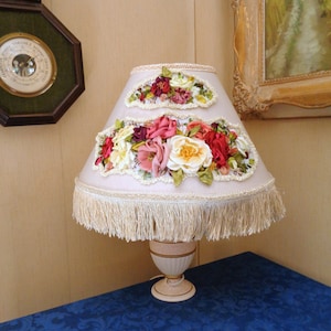Vintage Lampshade bright colors ribbon embroidered,  ribbon flower,  ribbon work, hand embroidered lampshade,  ribbon pink  flowers