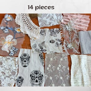 Mystery grab bags for crafting set 14 pieces, scrapbooking  junk journal supplies, fabric, lace, yarns, ribbons, creative snippet clusters