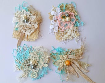 Adornos de tela Shabby Chic: apliques de encaje, arpillera y racimos de perlas