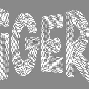 Puede incluir: Un diseño gráfico que presenta la palabra TIGERS escrita en una fuente negrita sin remates. Las letras están compuestas por numerosos puntos blancos circulares pequeños dispuestos en un patrón denso sobre un fondo gris sólido.