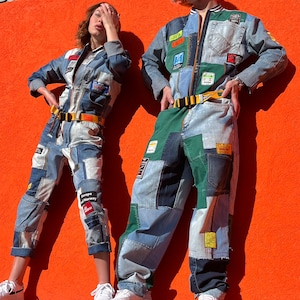 Denim patchwork jumpsuit overall multicolor upcycled jeans cloth labels show performance industrial climbing workwear style blue white green
