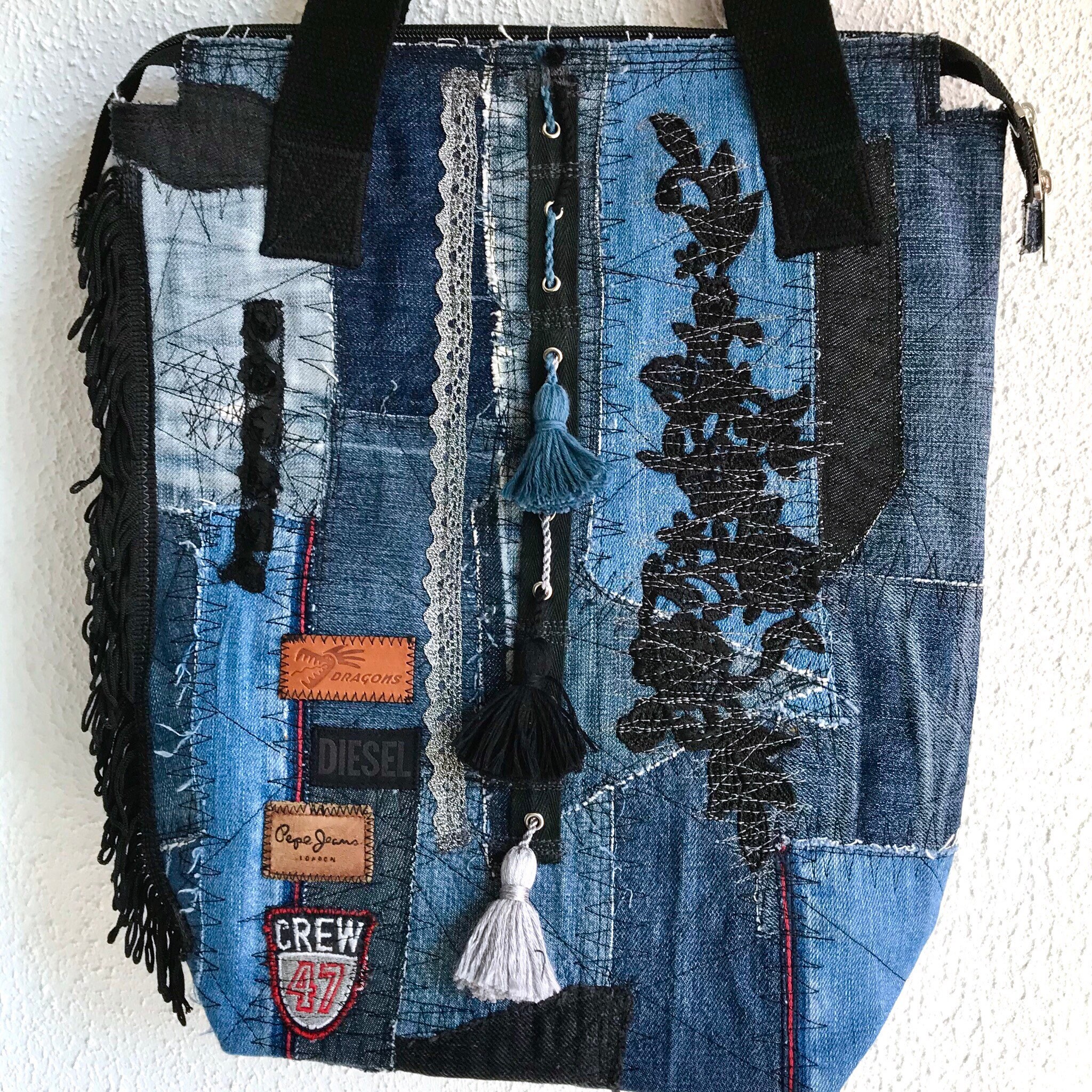 Blue Denim Patchwork Bag Upcycled Reused Jeans Tassels Fringes - Etsy ...