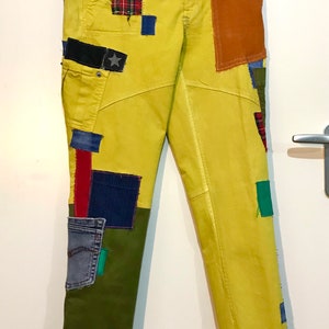 Gepatchte vrouwen broek katoen stretch gerecycled upcycled vintage ...