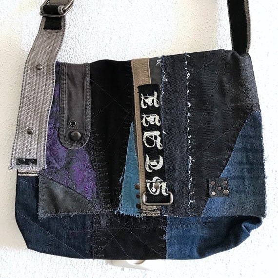 Mens Big Denim Patchwork Messenger Bag Shoulder Crossbody 