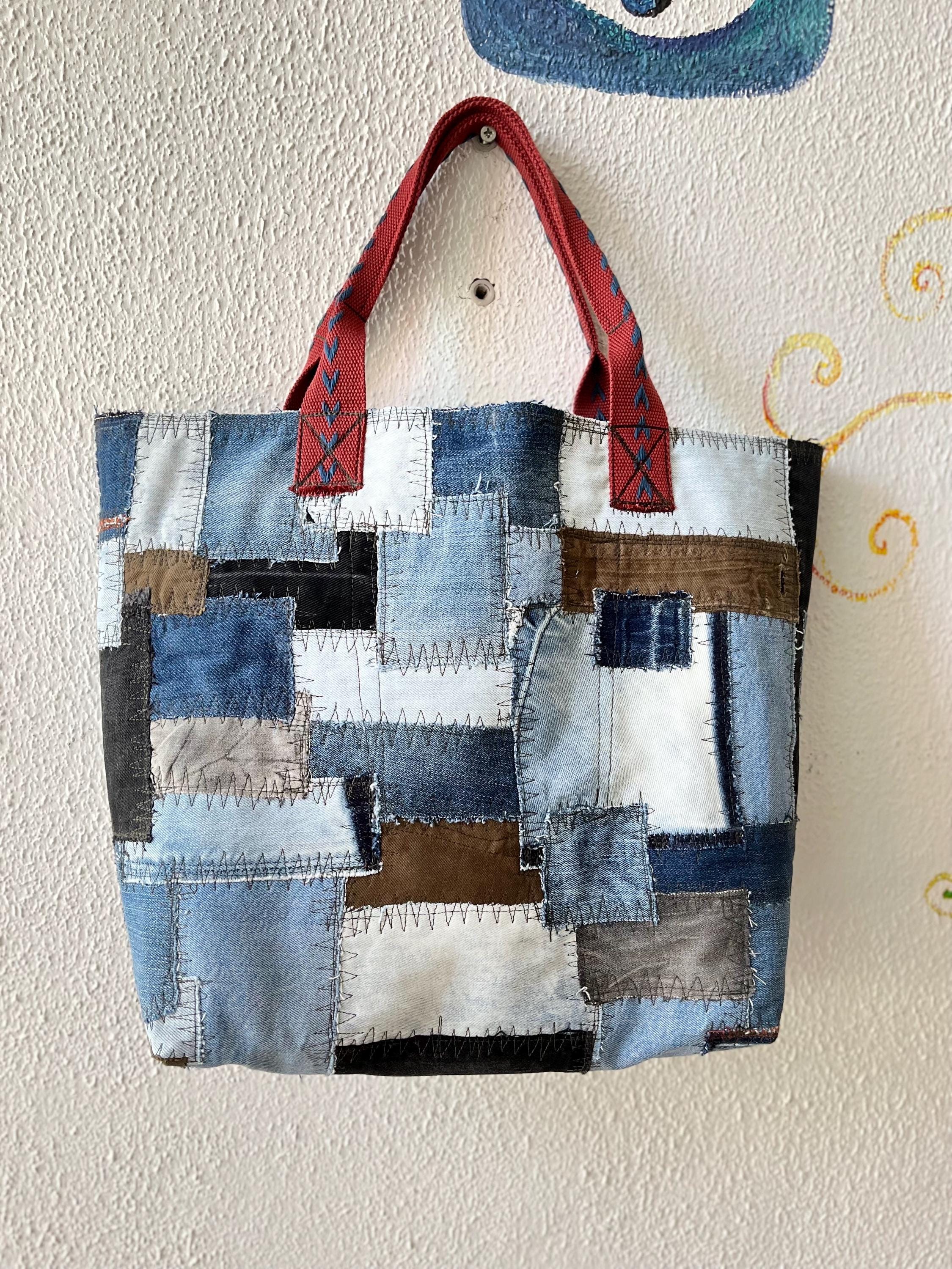 バッグ・カバンその他 DENIM PATCH WORK CLASSIC LOGO POUCH Denim Patchwork Bag XL Shopping Big Boro Shopper Market Bag