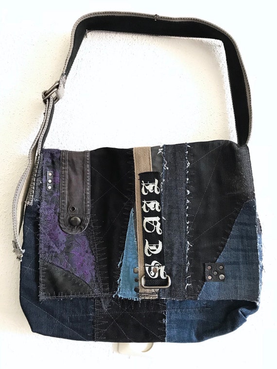 Mens Big Denim Patchwork Messenger Bag Shoulder Crossbody