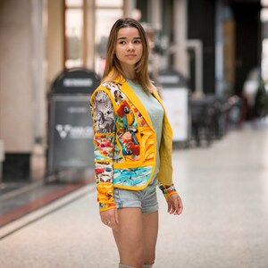 Yellow blazer patchwork upcycled cotton jersey soft jacket renewed recycled digital print tricot animals cars parrots zebra puppies tulips image 4