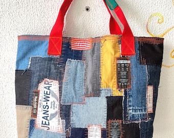 Denim Patchwork Tote Bag, XL Upcycled Jeans Shopper