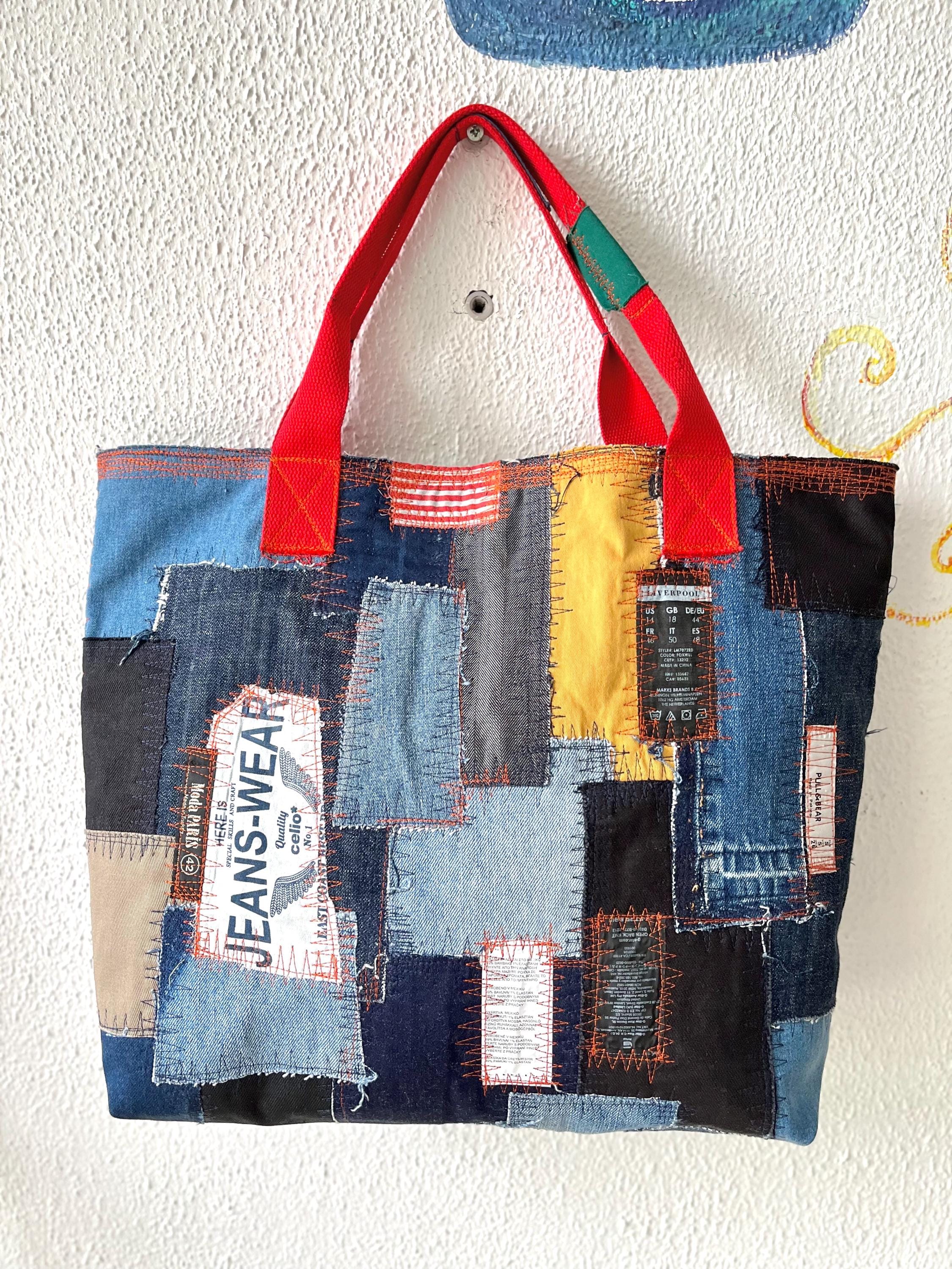バッグ Vintage Old Linen Patchwork Bag Denim Patchwork Bag XL Shopping Big Boro Shopper Market Bag