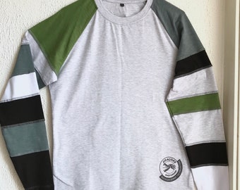 Men t-shirt multicolor light-grey long sleeve cotton patchwork striped jersey scrap skateboard limited edition unique green white cool tee