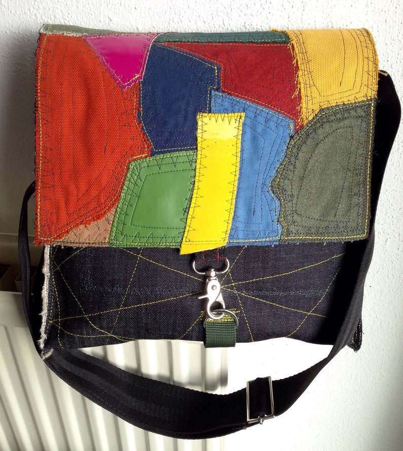 Patchwork Handbag Denim Mixed Swatches Multicolor Zipper Etsy