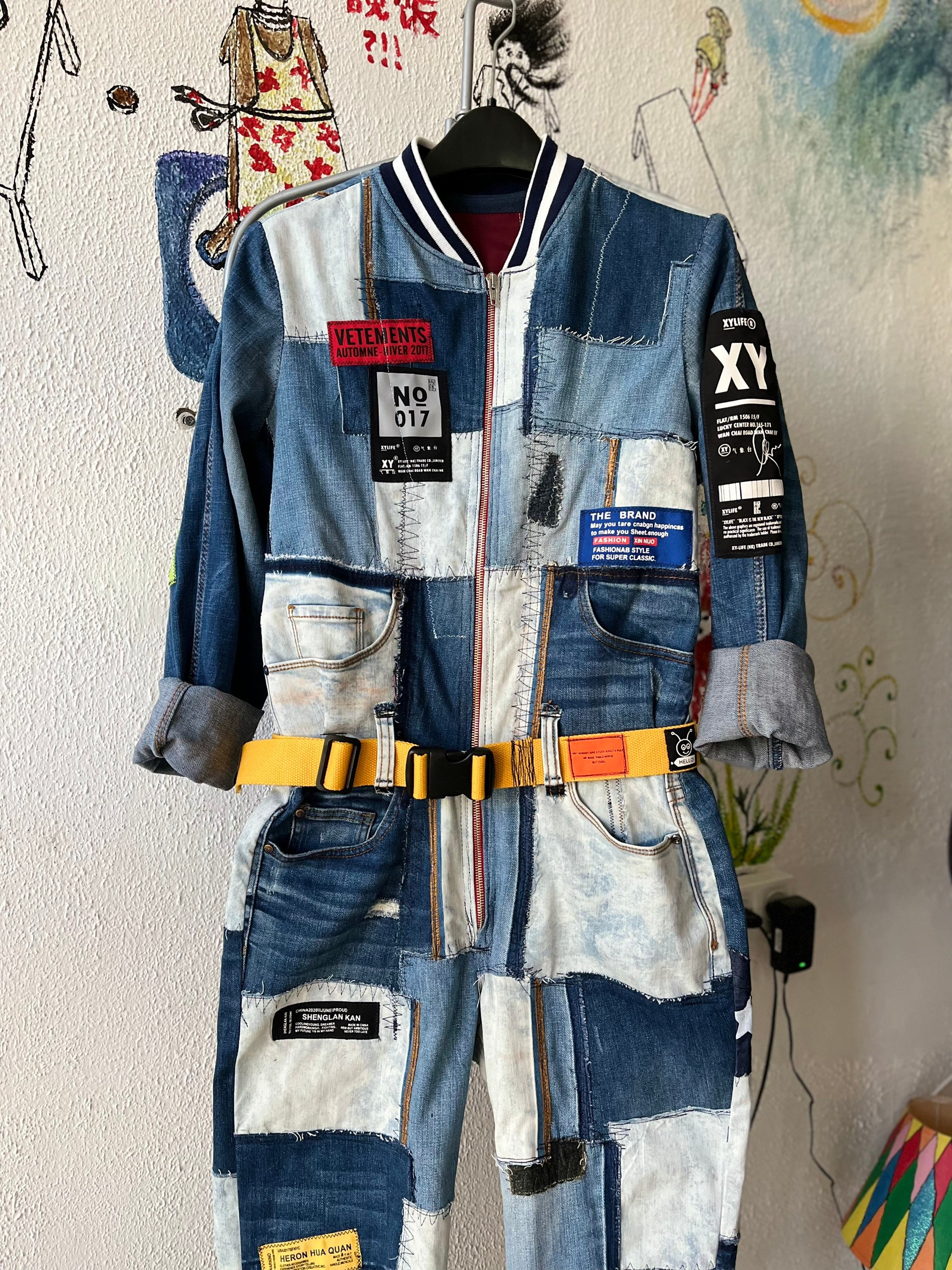 Denim Patchwork Jumpsuit Overall Multicolor Upcycled Jeans - Etsy